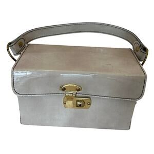 Midcentury Vintage Cosmetic Bag Top Handle Patent Leather Cream Jaclyn USA 8x5x4
